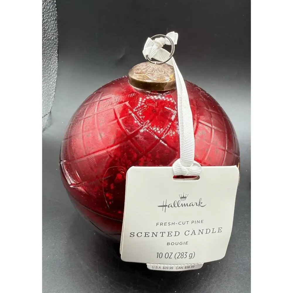 New! Hallmark RED Mercury Glass Ball Ornament CANDLE Fresh Cut Pine Scent -44D